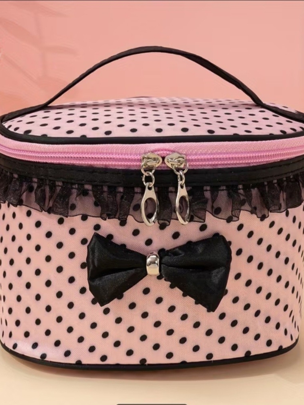 Pink Polka Dot Cosmetic Case with Black Bow